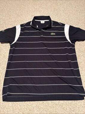Lacoste Navy and White Stripe Polo with Green Croc